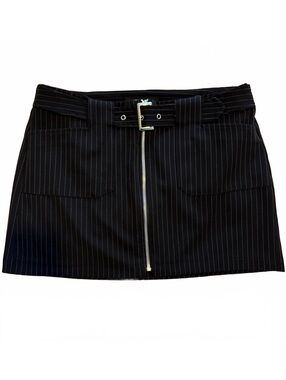 Y2K Siren Black Pinstripe Mini Skirt with Front Zipper and Belt by Taunt Size 9